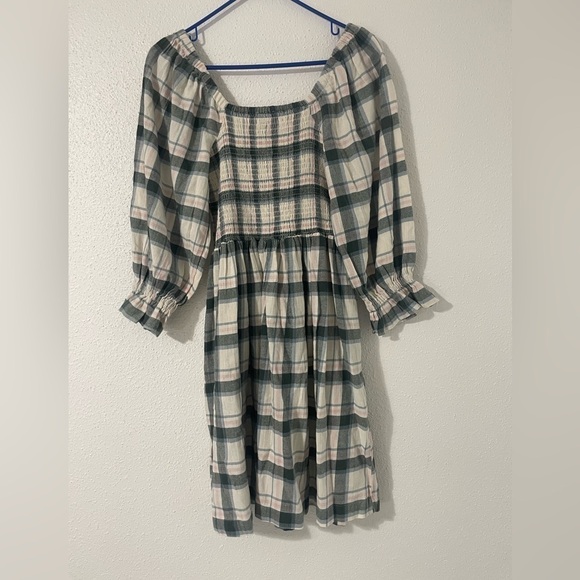 EUC Madewell Lucie Elbow Sleeve Smocked Mini Dress Lebaum Plaid Cotton Small - Picture 4 of 15